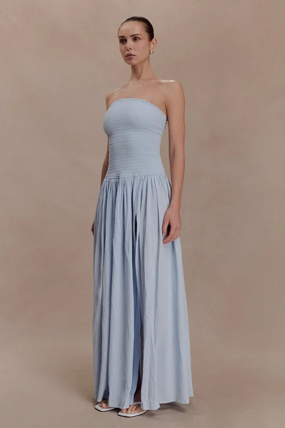 Maureen Cotton Shirring Maxi Dress – Powder Blue Maureen Cotton Shirring Maxi Dress – Powder Blue