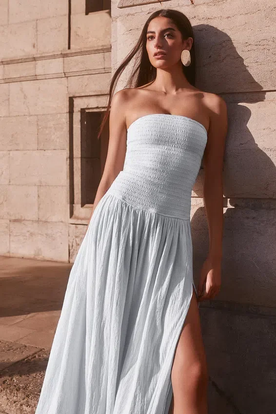 Maureen Cotton Shirring Maxi Dress – Powder Blue Maureen Cotton Shirring Maxi Dress – Powder Blue
