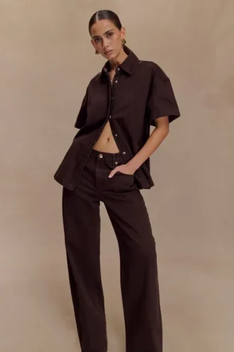 Maya Oversized Denim Shirt – Chocolate