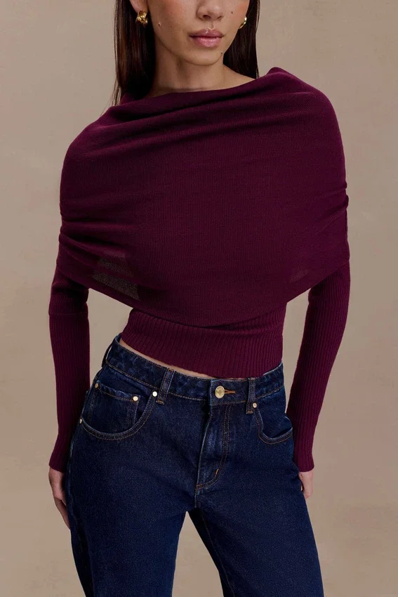 Mazie Asymetrical Cashmere Blend Long Sleeve Knit Top – Plum Mazie Asymetrical Cashmere Blend Long Sleeve Knit Top – Plum
