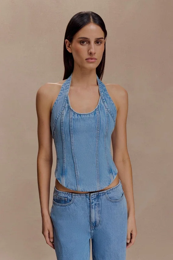 Meadow Denim Corset Halter Top – Classic Blue Meadow Denim Corset Halter Top – Classic Blue