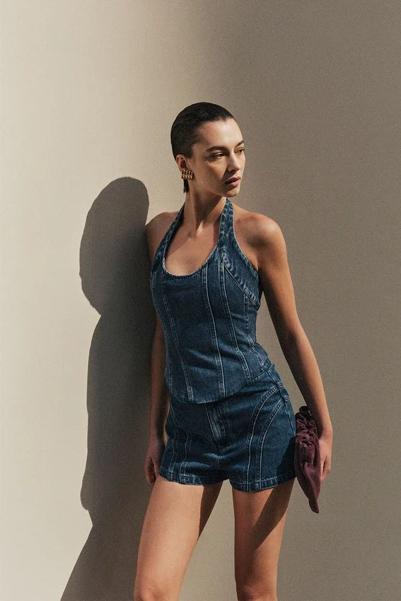 Meadow Denim Corset Halter Top – Dark Blue Meadow Denim Corset Halter Top – Dark Blue