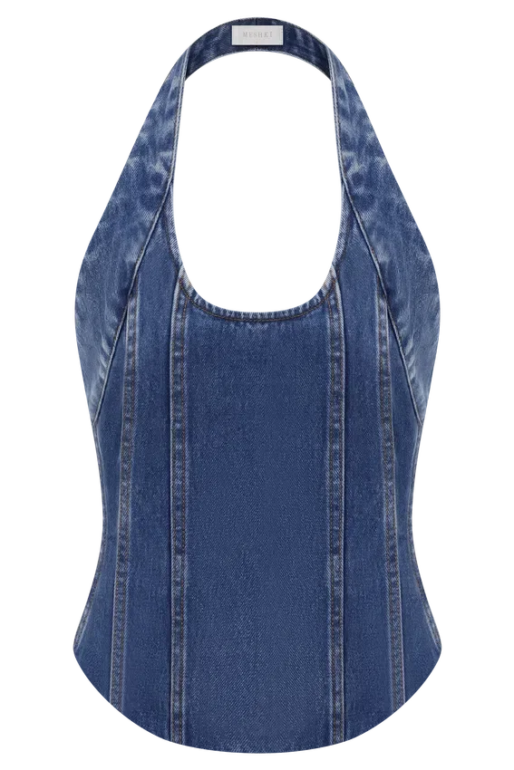 Meadow Denim Corset Halter Top – Dark Blue Meadow Denim Corset Halter Top – Dark Blue