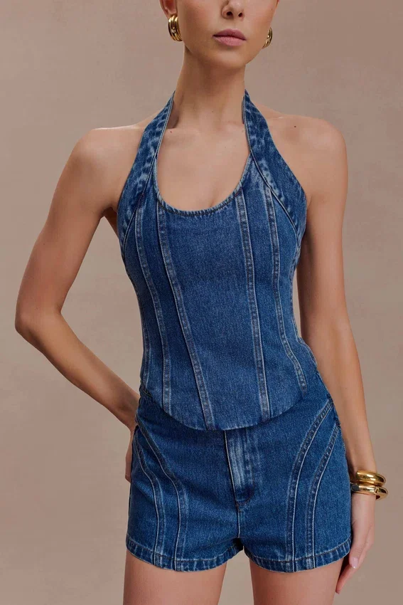 Meadow Denim Corset Halter Top – Dark Blue Meadow Denim Corset Halter Top – Dark Blue