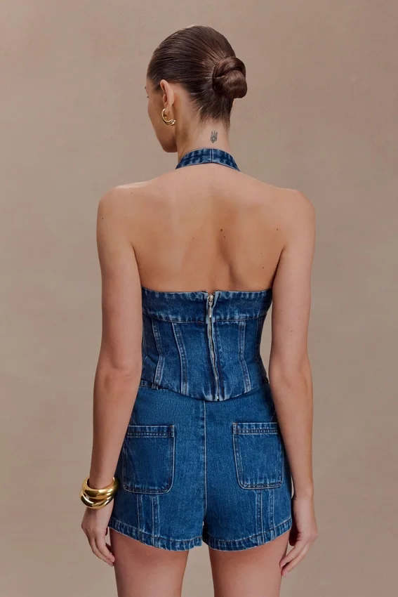 Meadow Denim Corset Halter Top – Dark Blue Meadow Denim Corset Halter Top – Dark Blue