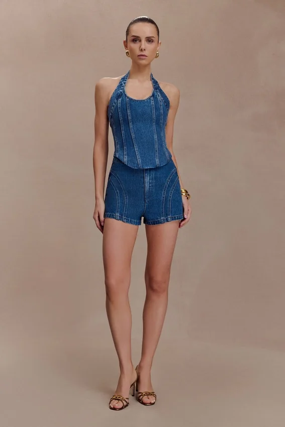 Meadow Denim Corset Halter Top – Dark Blue Meadow Denim Corset Halter Top – Dark Blue