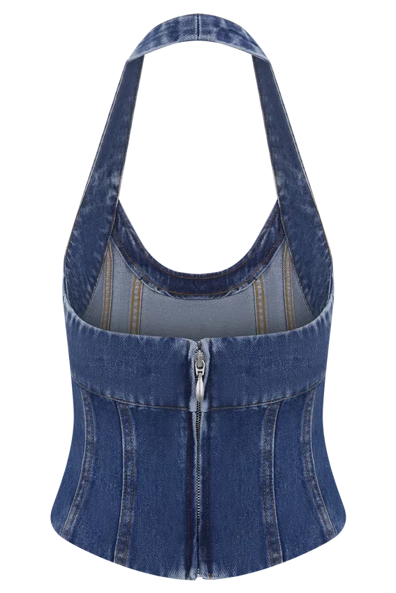 Meadow Denim Corset Halter Top – Dark Blue Meadow Denim Corset Halter Top – Dark Blue