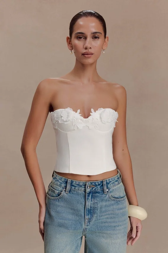 Melany Applique Denim Bustier – White Melany Applique Denim Bustier – White
