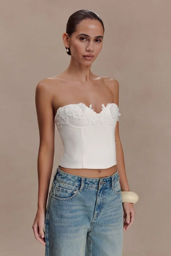 Melany Applique Denim Bustier – White Melany Applique Denim Bustier – White