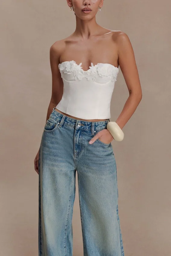Melany Applique Denim Bustier – White Melany Applique Denim Bustier – White