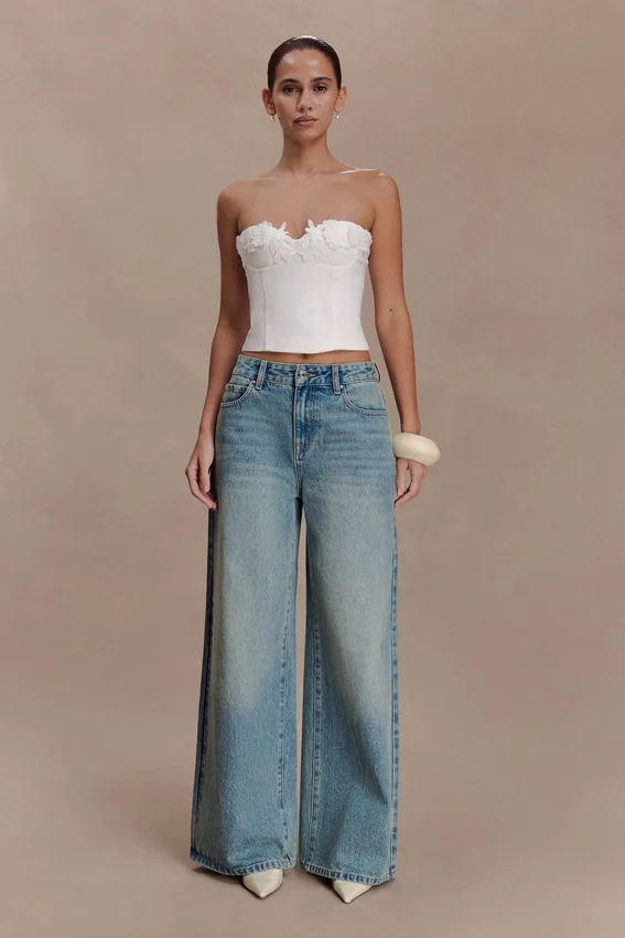 Melany Applique Denim Bustier – White Melany Applique Denim Bustier – White