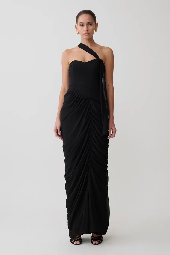 Micaela Chiffon Gathered Maxi Dress – Black Micaela Chiffon Gathered Maxi Dress – Black