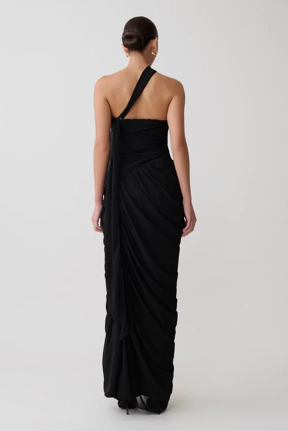 Micaela Chiffon Gathered Maxi Dress – Black Micaela Chiffon Gathered Maxi Dress – Black