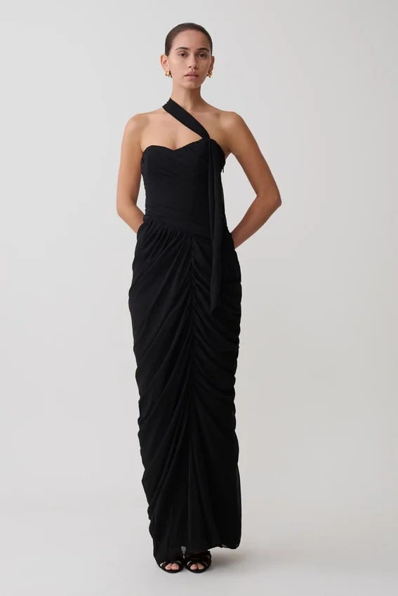 Micaela Chiffon Gathered Maxi Dress – Black Micaela Chiffon Gathered Maxi Dress – Black