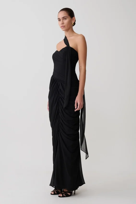 Micaela Chiffon Gathered Maxi Dress – Black Micaela Chiffon Gathered Maxi Dress – Black