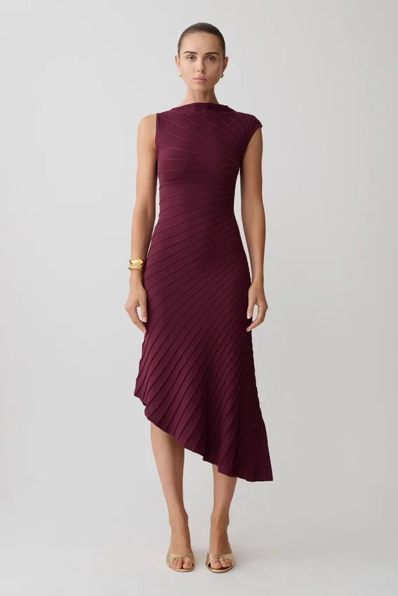 Milasandra Pleated Knit Dress – Plum Milasandra Pleated Knit Dress – Plum