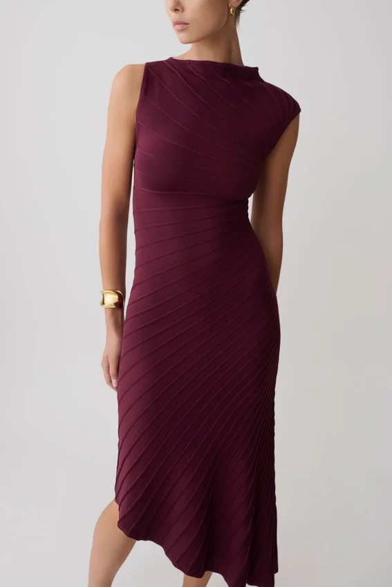 Milasandra Pleated Knit Dress – Plum Milasandra Pleated Knit Dress – Plum