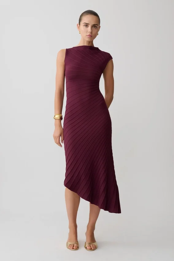 Milasandra Pleated Knit Dress – Plum Milasandra Pleated Knit Dress – Plum