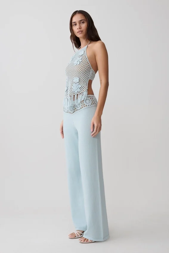 Miley Crochet Waistband Straight Leg Pant – Pale Aqua Miley Crochet Waistband Straight Leg Pant – Pale Aqua