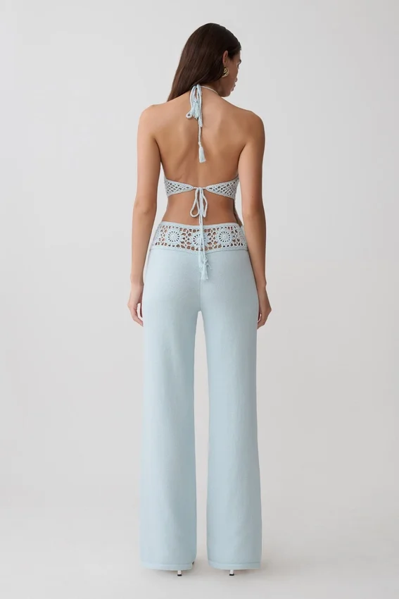 Miley Crochet Waistband Straight Leg Pant – Pale Aqua Miley Crochet Waistband Straight Leg Pant – Pale Aqua