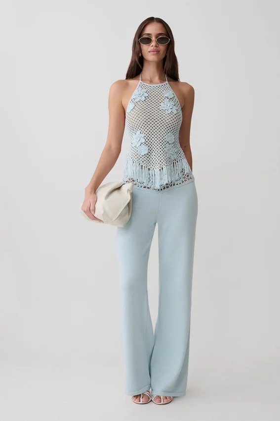 Miley Crochet Waistband Straight Leg Pant – Pale Aqua Miley Crochet Waistband Straight Leg Pant – Pale Aqua