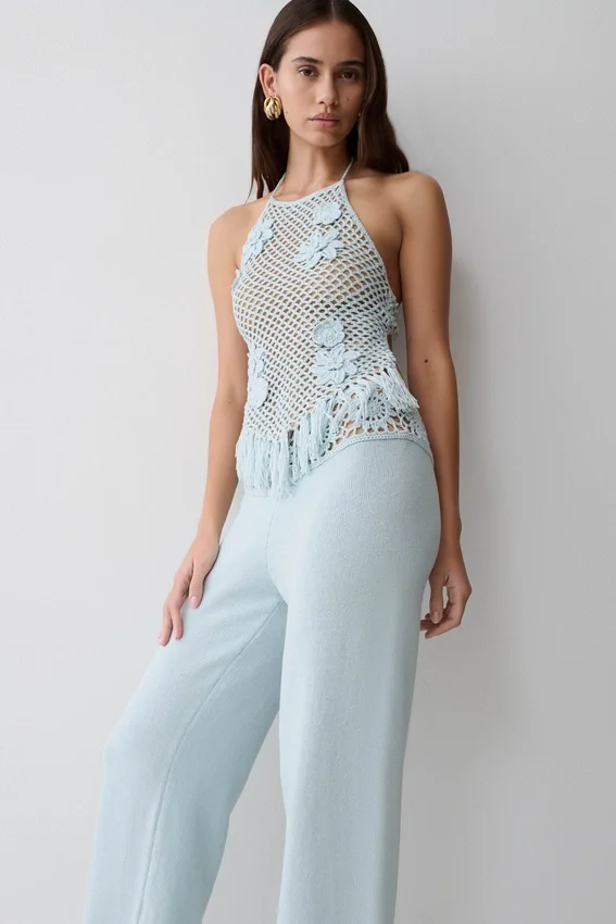Miley Crochet Waistband Straight Leg Pant – Pale Aqua Miley Crochet Waistband Straight Leg Pant – Pale Aqua