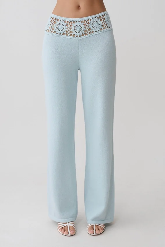 Miley Crochet Waistband Straight Leg Pant – Pale Aqua Miley Crochet Waistband Straight Leg Pant – Pale Aqua