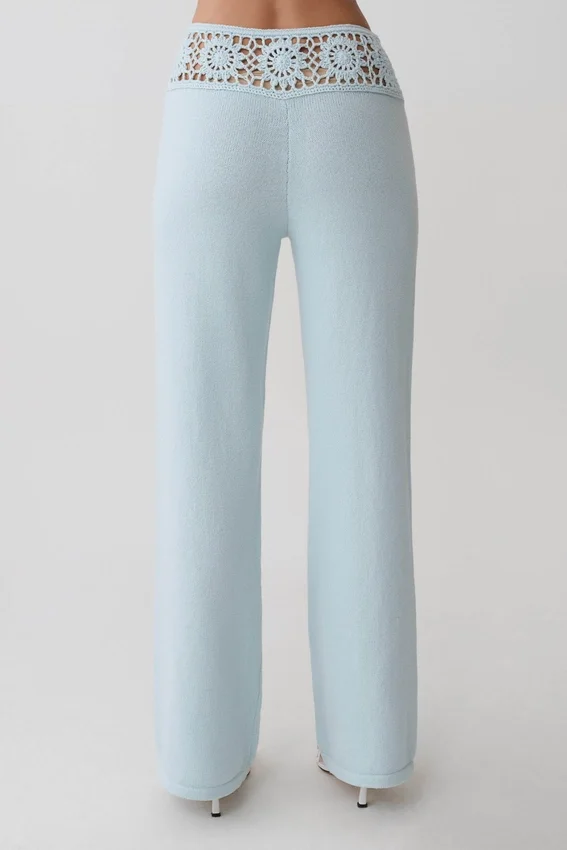 Miley Crochet Waistband Straight Leg Pant – Pale Aqua Miley Crochet Waistband Straight Leg Pant – Pale Aqua