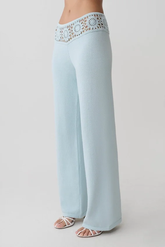 Miley Crochet Waistband Straight Leg Pant – Pale Aqua Miley Crochet Waistband Straight Leg Pant – Pale Aqua
