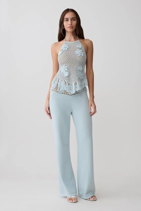 Miley Crochet Waistband Straight Leg Pant – Pale Aqua Miley Crochet Waistband Straight Leg Pant – Pale Aqua
