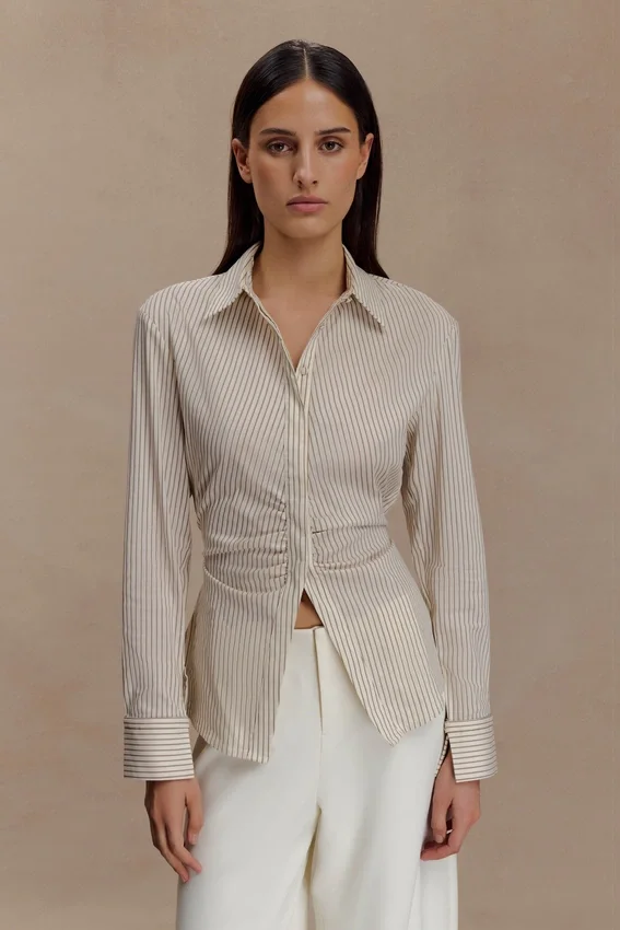 Millie Tie Back Cotton Shirt – Beige Pinstripe Millie Tie Back Cotton Shirt – Beige Pinstripe