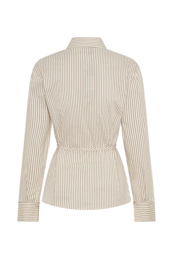 Millie Tie Back Cotton Shirt – Beige Pinstripe Millie Tie Back Cotton Shirt – Beige Pinstripe