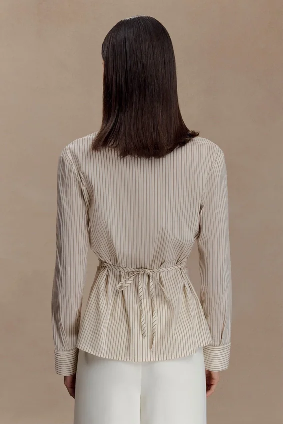 Millie Tie Back Cotton Shirt – Beige Pinstripe Millie Tie Back Cotton Shirt – Beige Pinstripe