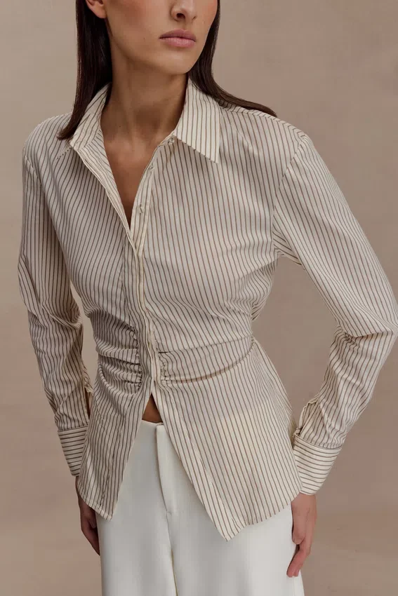Millie Tie Back Cotton Shirt – Beige Pinstripe Millie Tie Back Cotton Shirt – Beige Pinstripe