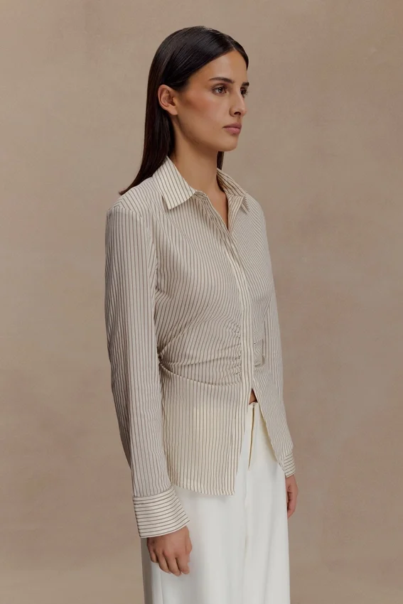 Millie Tie Back Cotton Shirt – Beige Pinstripe Millie Tie Back Cotton Shirt – Beige Pinstripe