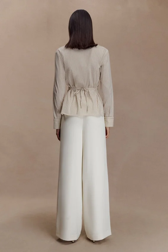 Millie Tie Back Cotton Shirt – Beige Pinstripe Millie Tie Back Cotton Shirt – Beige Pinstripe