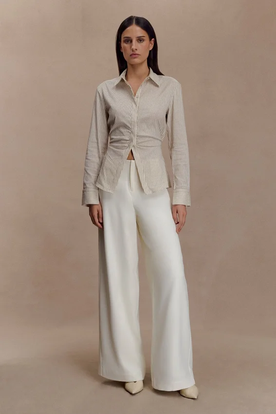 Millie Tie Back Cotton Shirt – Beige Pinstripe Millie Tie Back Cotton Shirt – Beige Pinstripe