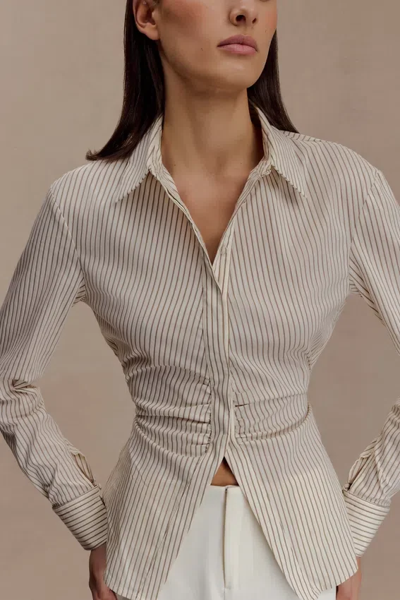 Millie Tie Back Cotton Shirt – Beige Pinstripe Millie Tie Back Cotton Shirt – Beige Pinstripe