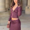 Miraby Front Ruched Knit Long Sleeve Top – Dark Chocolate