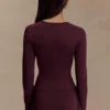 Miraby Front Ruched Knit Long Sleeve Top – Dark Chocolate