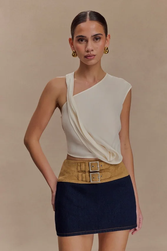 Miranda Faux Suede Belted Denim Mini Skirt – Indigo Blue Miranda Faux Suede Belted Denim Mini Skirt – Indigo Blue