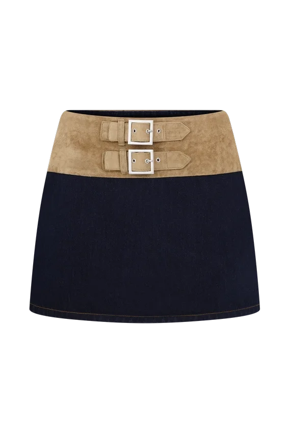 Miranda Faux Suede Belted Denim Mini Skirt – Indigo Blue Miranda Faux Suede Belted Denim Mini Skirt – Indigo Blue