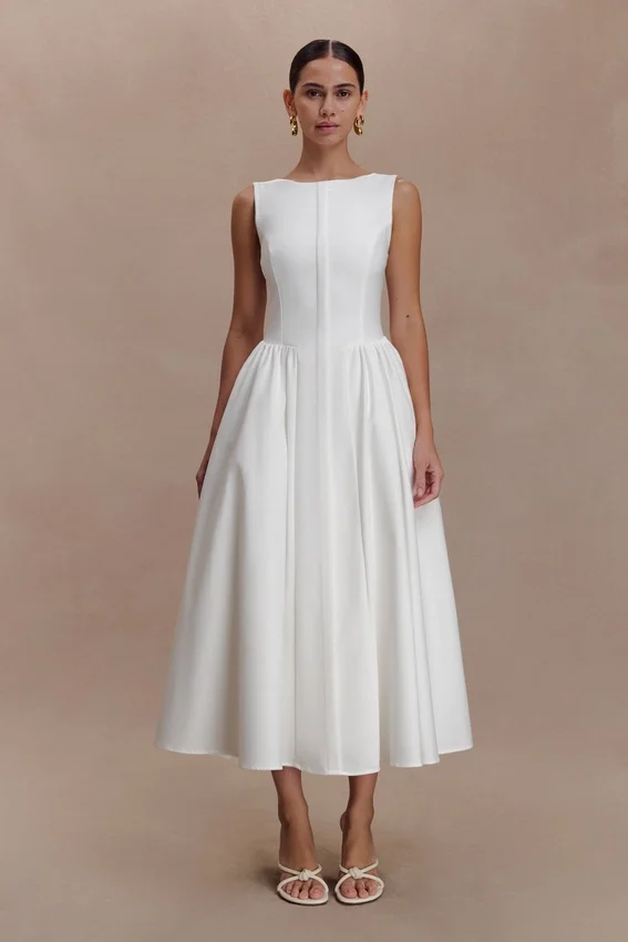 Monika Gathered Waist Cotton Midi Dress – White Monika Gathered Waist Cotton Midi Dress – White