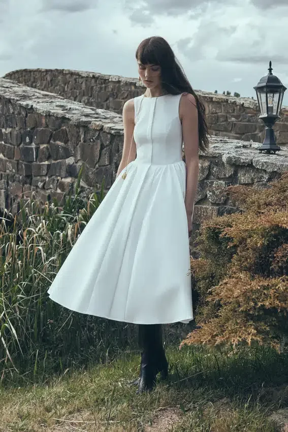 Monika Gathered Waist Cotton Midi Dress – White Monika Gathered Waist Cotton Midi Dress – White