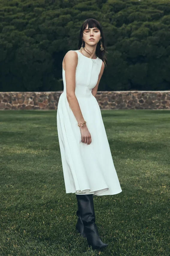 Monika Gathered Waist Cotton Midi Dress – White Monika Gathered Waist Cotton Midi Dress – White