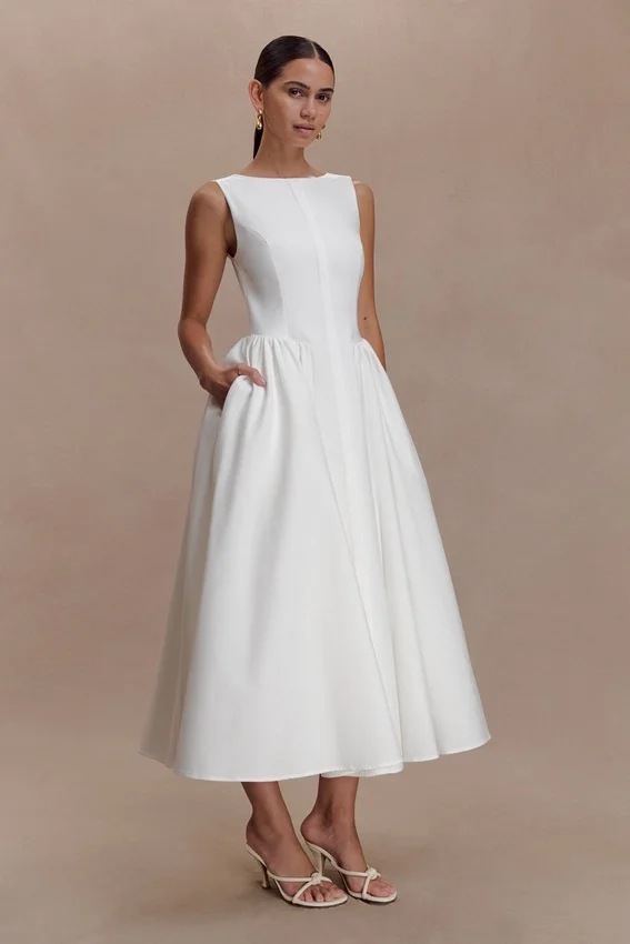 Monika Gathered Waist Cotton Midi Dress – White Monika Gathered Waist Cotton Midi Dress – White