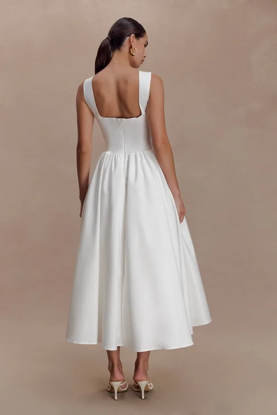 Monika Gathered Waist Cotton Midi Dress – White Monika Gathered Waist Cotton Midi Dress – White