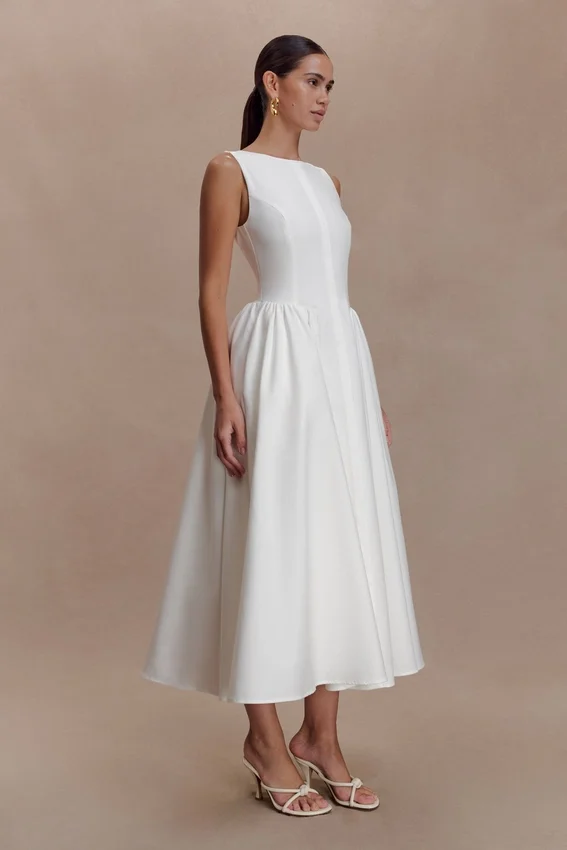 Monika Gathered Waist Cotton Midi Dress – White Monika Gathered Waist Cotton Midi Dress – White