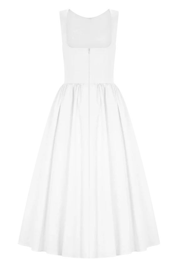 Monika Gathered Waist Cotton Midi Dress – White Monika Gathered Waist Cotton Midi Dress – White
