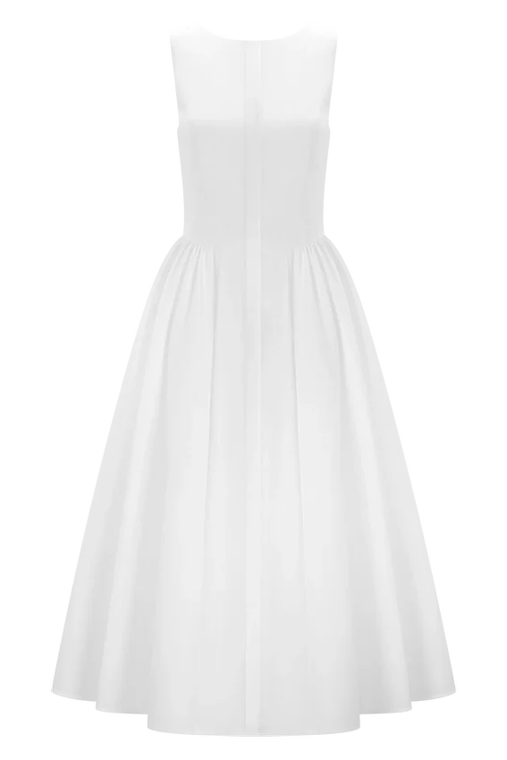 Monika Gathered Waist Cotton Midi Dress – White Monika Gathered Waist Cotton Midi Dress – White